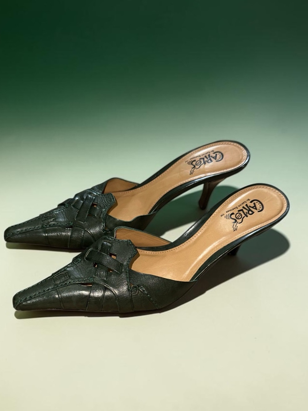 Carlos Carlos Santana Dark Green Woven Pointy Toe 3 “ Heel Mule Y2K Size 7.5